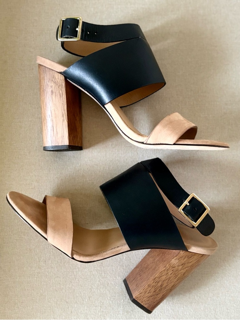 Elizabeth and James (2007) Black and Tan Block Heel Sandals with Gold Buckle